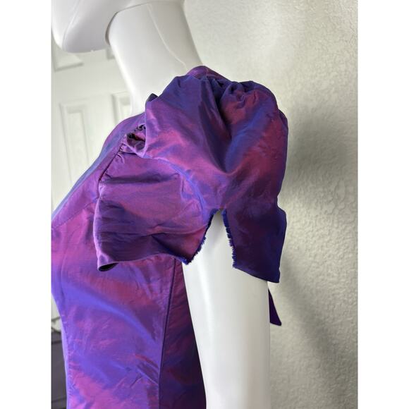 Vintage 80s Alfred Angelo Midi Dress Puff Slv Iridescent Purple Taffeta Prom S - Picture 5 of 12